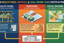 How Do Wealth Taxes, Surtaxes, and Local Income Taxes Differ in Practice?