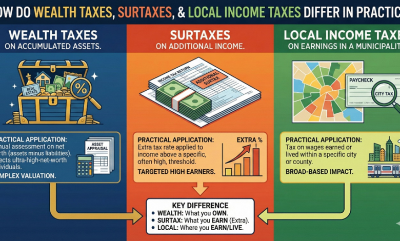 How Do Wealth Taxes, Surtaxes, and Local Income Taxes Differ in Practice?